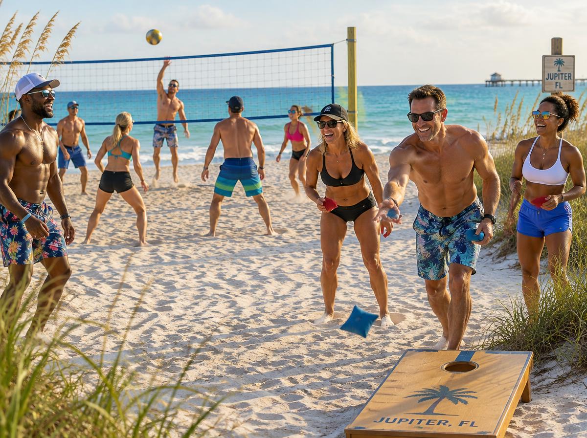 Multicultural friends ages 40 to 50 playing volleyball and cornhole on a Jupiter inspired beach