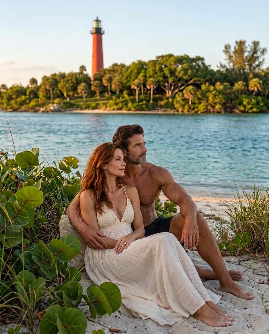 A couple beside the water in a Jupiter Inlet Lighthouse inspired setting