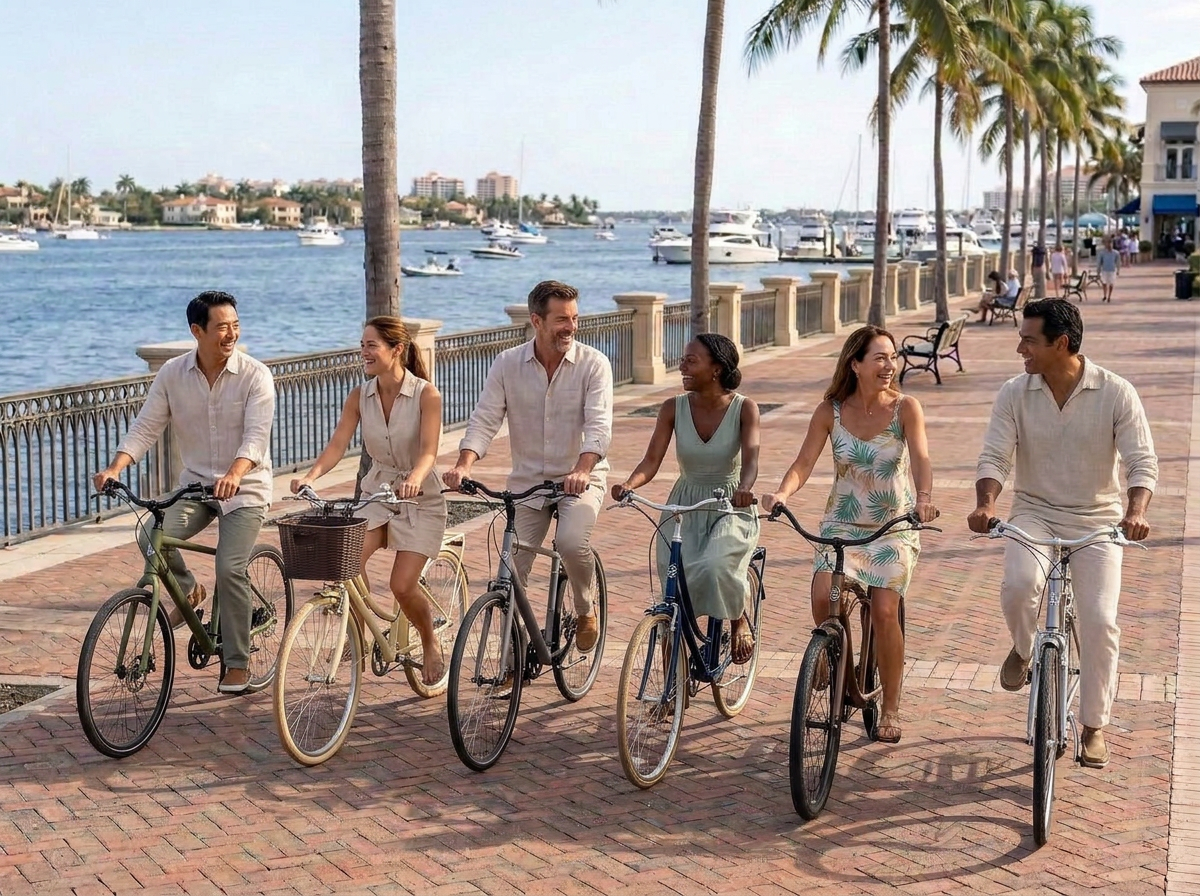 Three culturally diverse couples riding bikes along a West Palm Beach waterfront inspired promenade